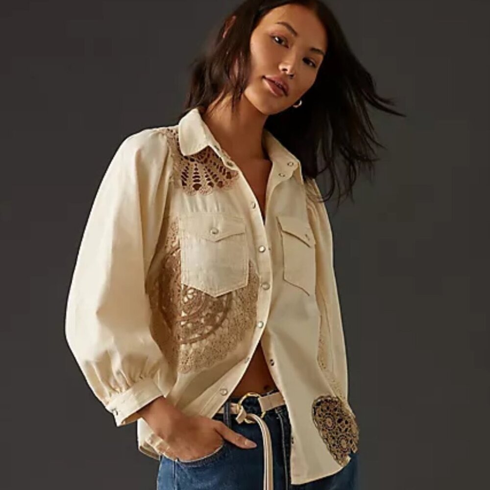 Anthropologie Bohemian Crochet 3/4 Sleeve Button Down NWOT Size XXS - Picture 2 of 7